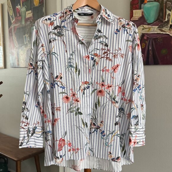 Zara - Striped Poplin Button-Down Shirt with All-Over Bird Print in White/Blue - Picture 3 of 9